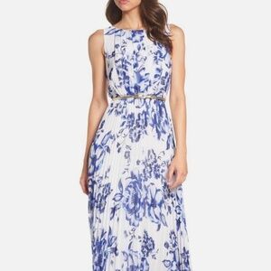 Eliza J China Blue Chinoiserie Toile Pleated Chiffon Goddess Maxi Dress 8